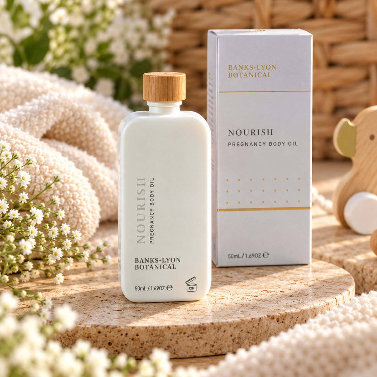 Pregnancy body oil called nourish.