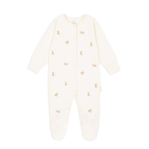 organic baby sleepsuit with embroidered bunnies.