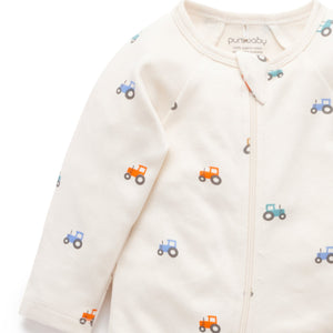 Newborn baby boy zip grow suit in farm theme