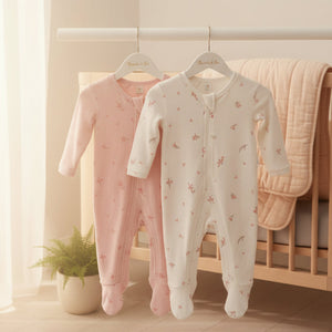 Soft zip-up baby sleepsuits in blossom pink