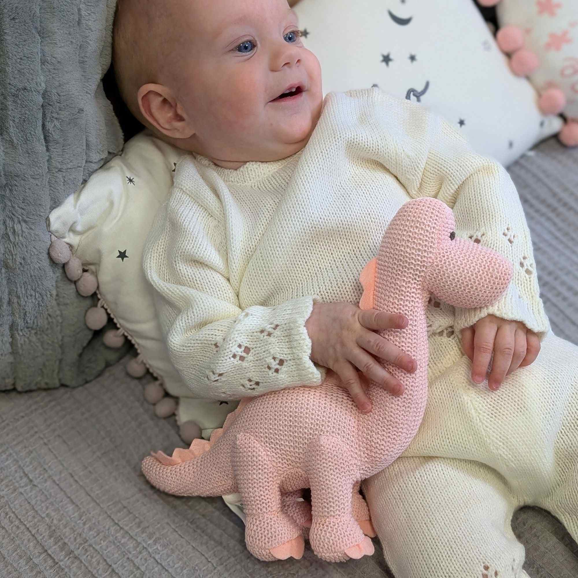 Knitted Organic Cotton Diplodocus Baby Rattle Rattle.