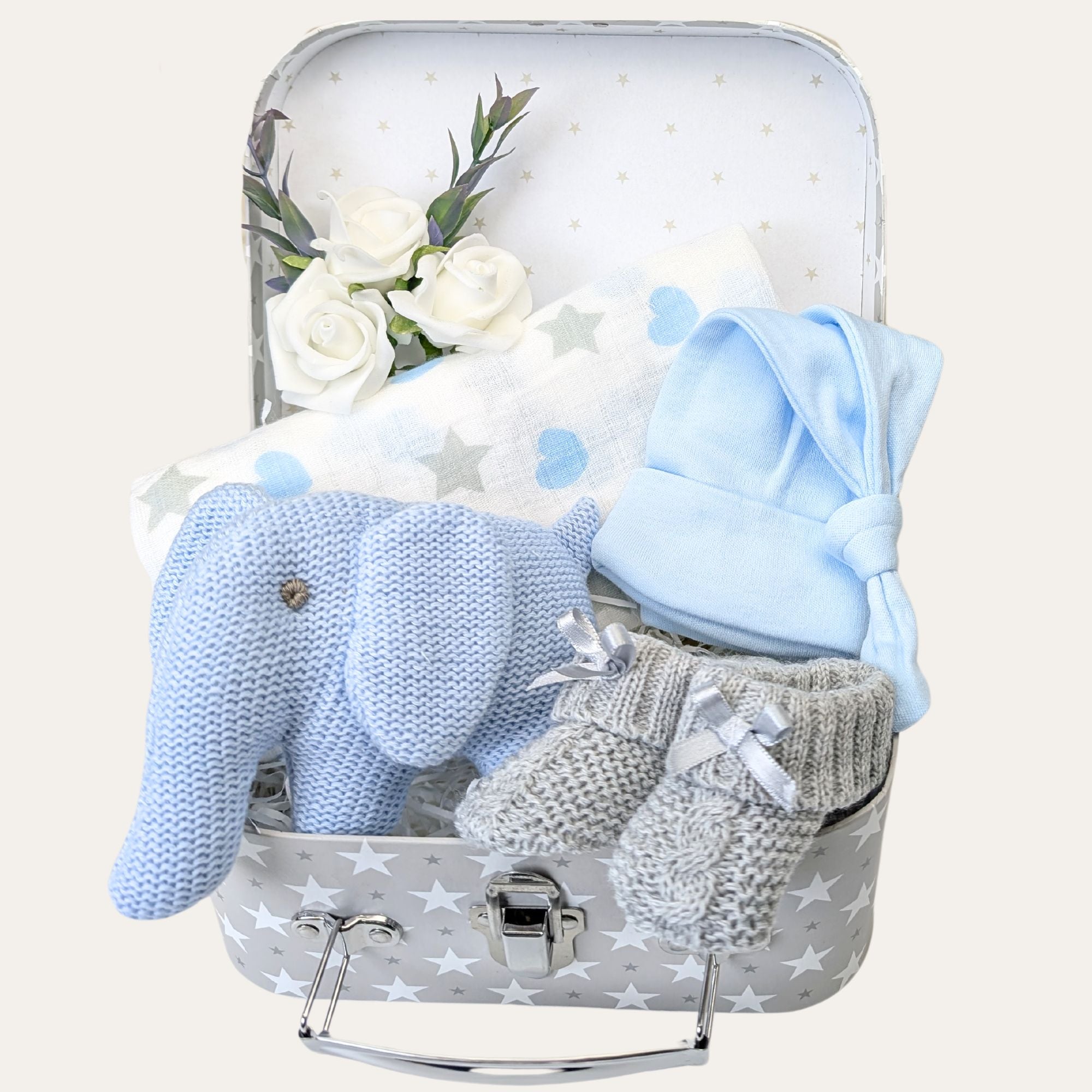Small baby boy gift hamper with gifts from Bumbles and Boo.