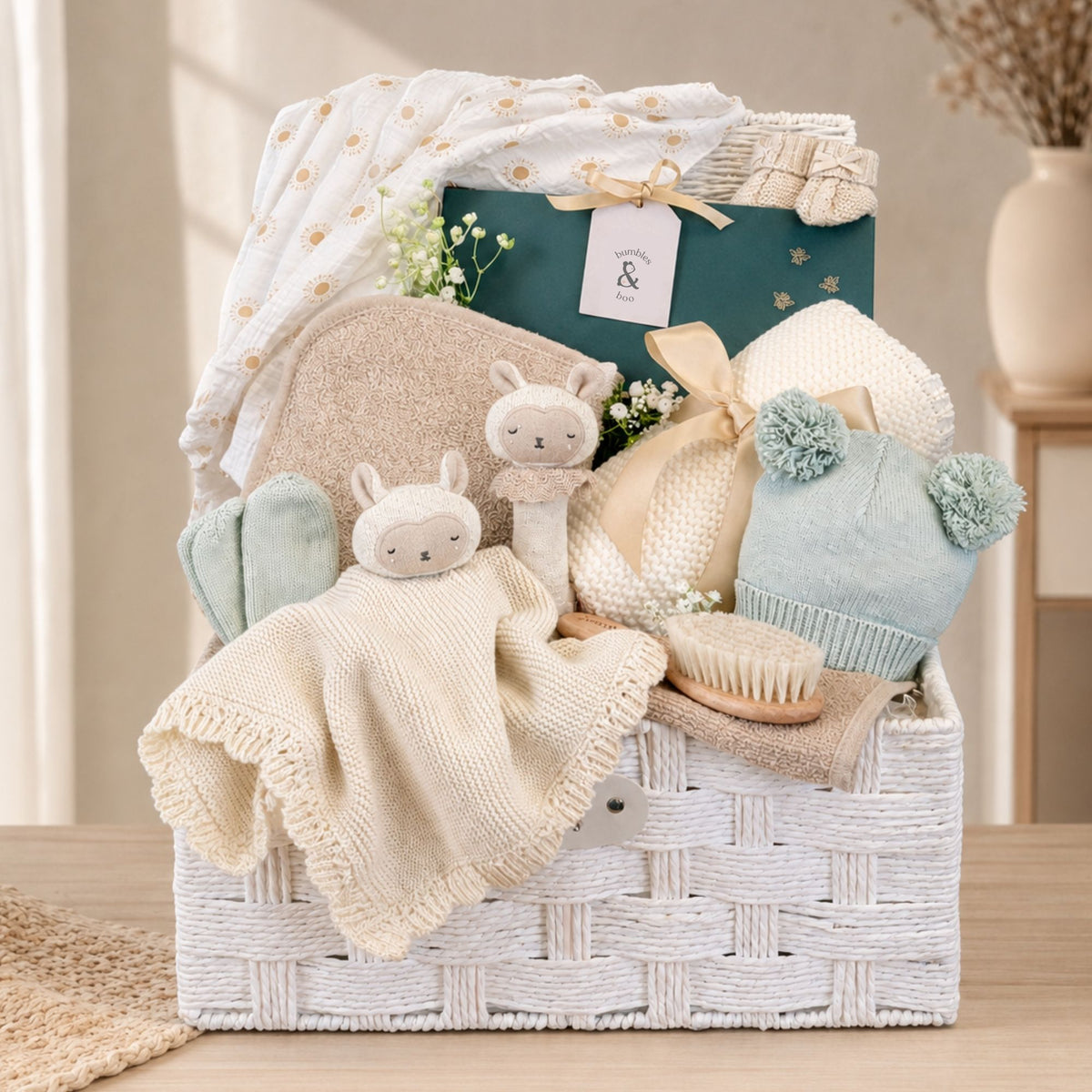 Organic gifts for baby in a hamper basket. Includes organic lamb toys and baby journal