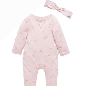 Organic growsuit and headband set in pink blossom made from soft organic cotton pointelle