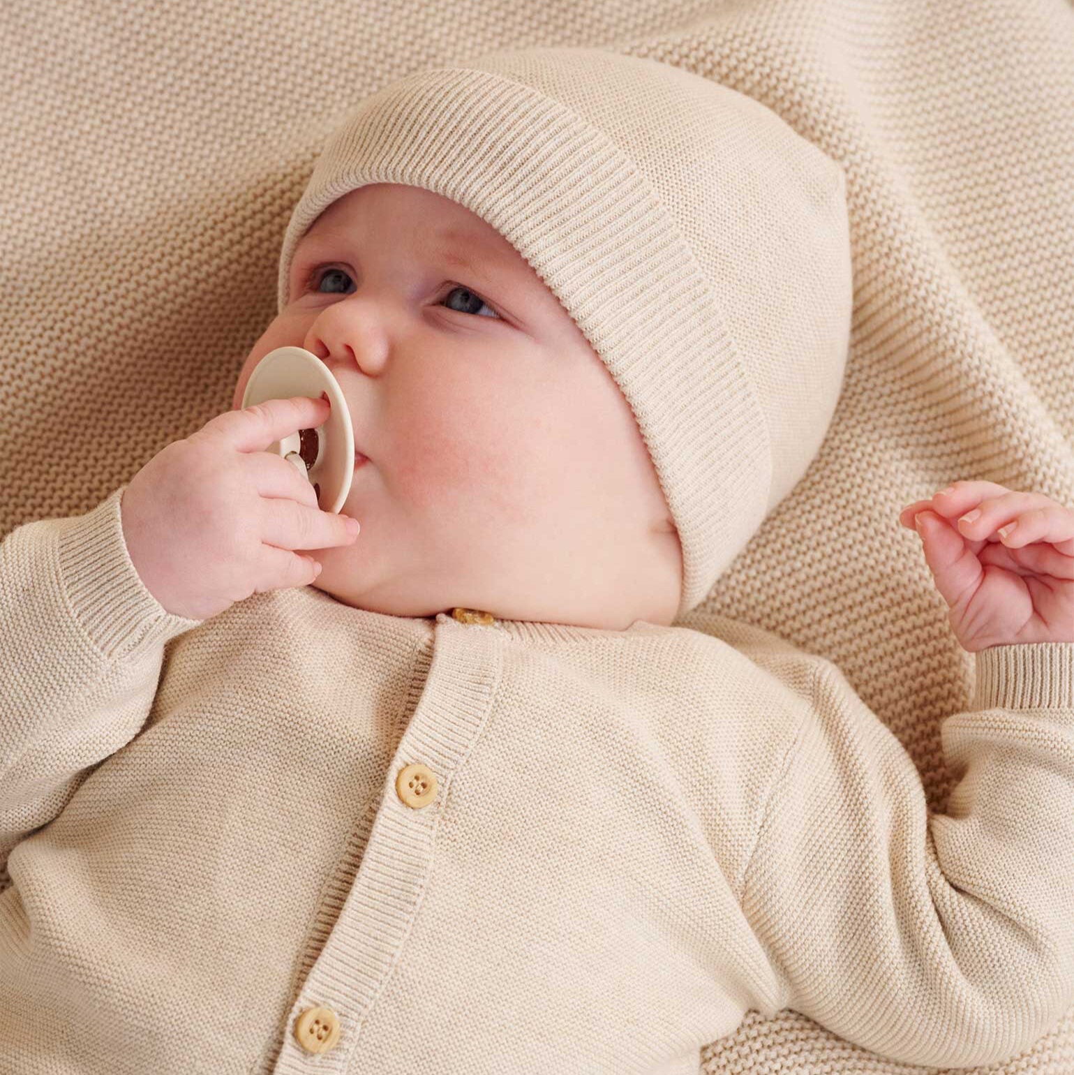 Organic Textured Baby Beanie – Wheat Melange