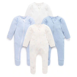 Pale blue Bear print, striped and plain baby zip growsuits