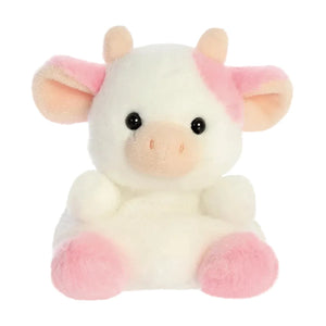 Palm Pals Belle Strawberry Cow soft toy in pink and white plush, 13cm baby toy with bean-filled body suitable from birth