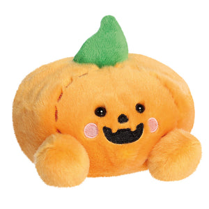 Orange Palm Pals Wisp pumpkin soft toy with a green stalk, pink cheeks and a smiling Halloween face.