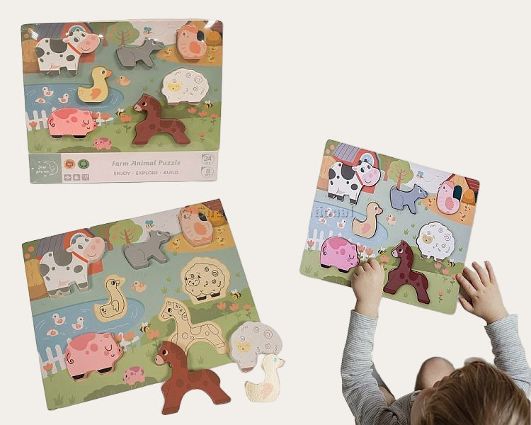 Pastel wooden farm animal puzzle baby toy on board