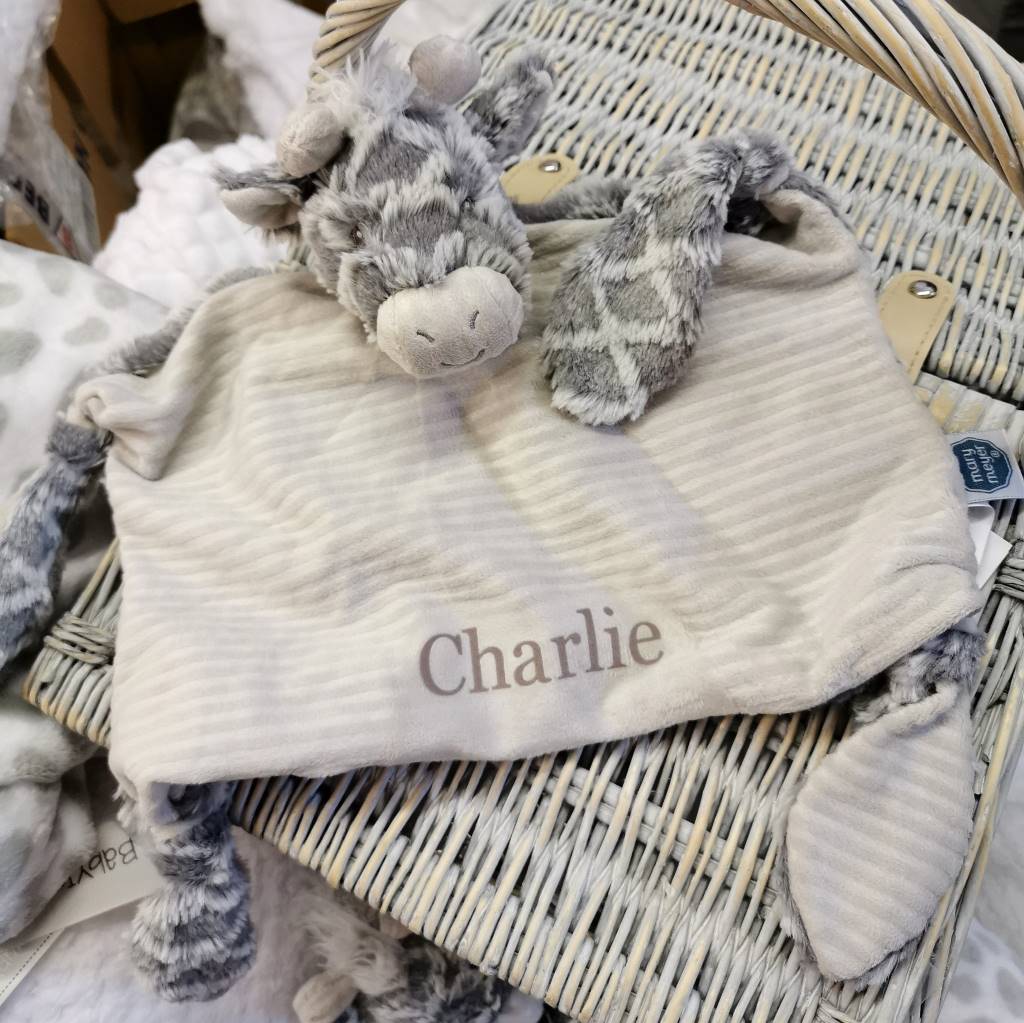 Personalised giraffe baby comforter.