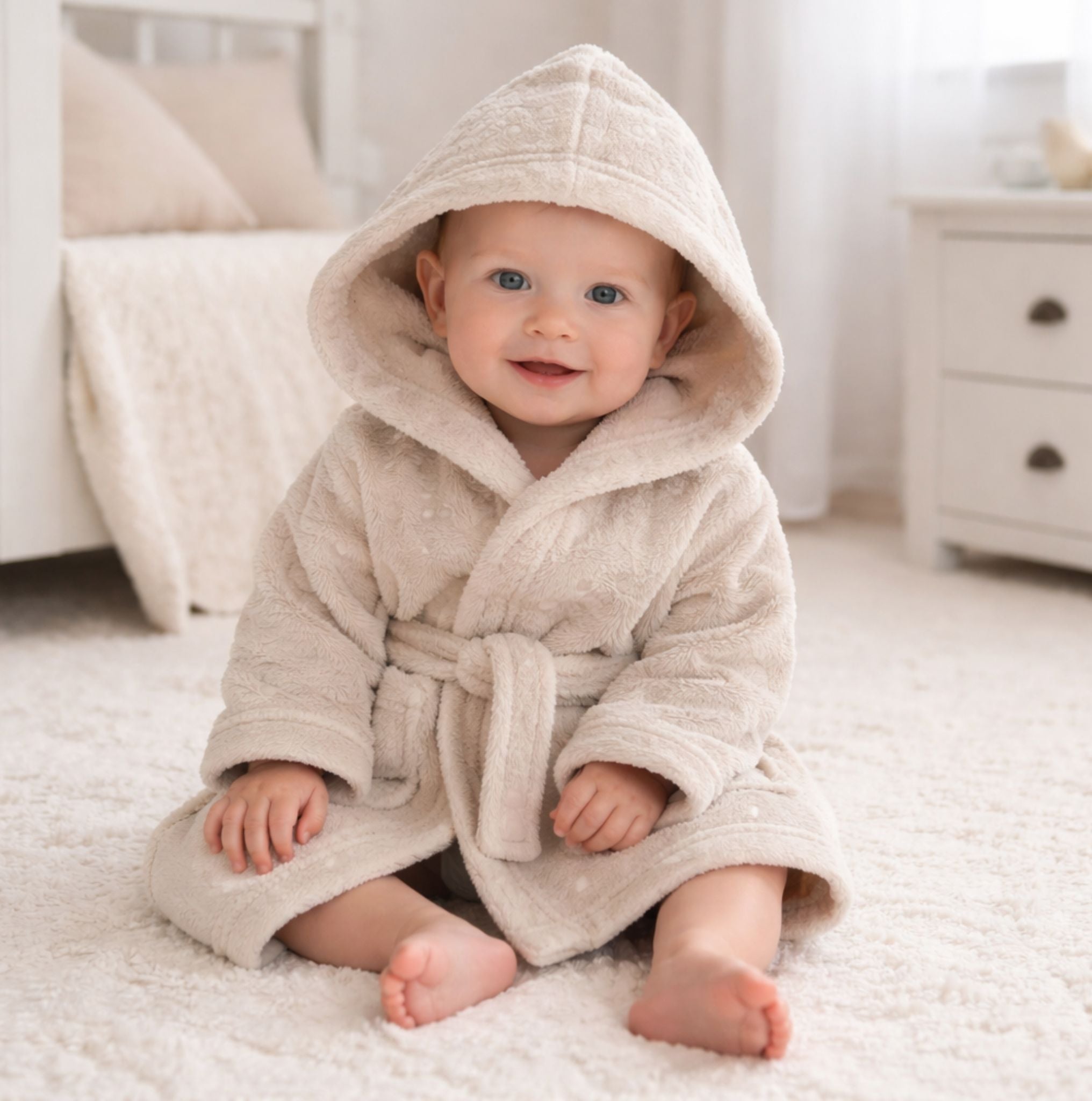 A personalised baby dressing gown with a hood in biscuit colour.