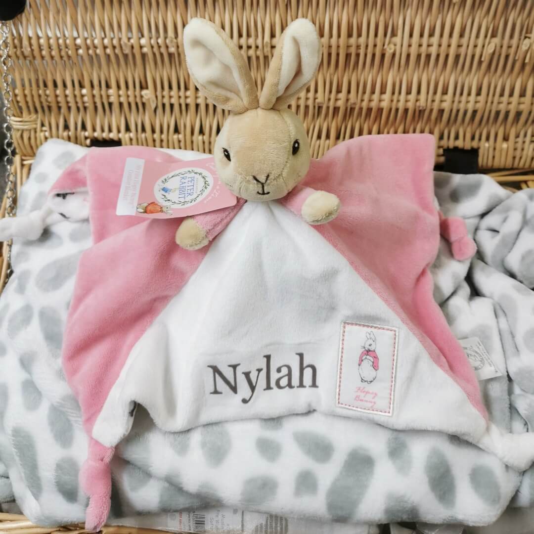 Personalised baby gift, flopsy bunny comforter.