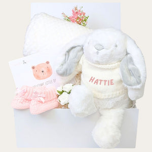 Personalised bunny in a baby girl gifts hamper.