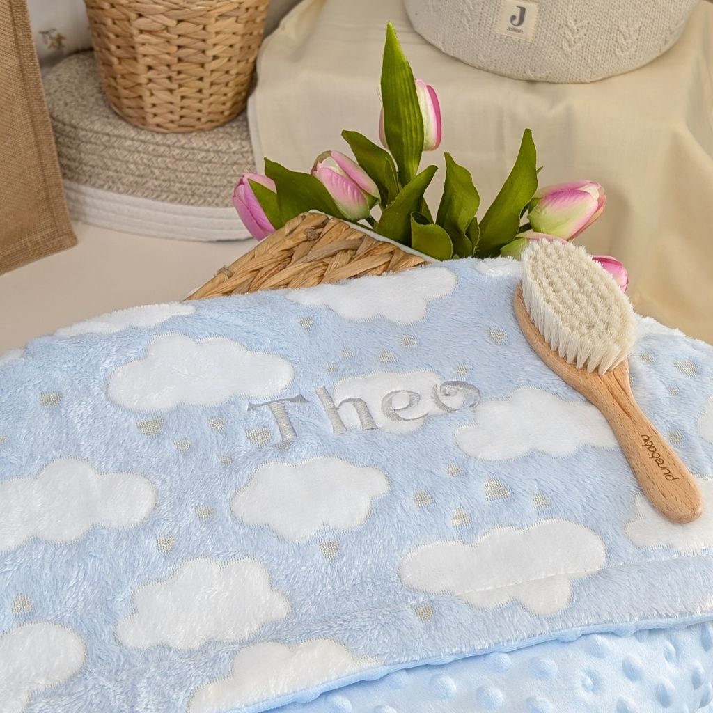 Personalised blue baby blanket with a cloud details. Bumbles and Boo.