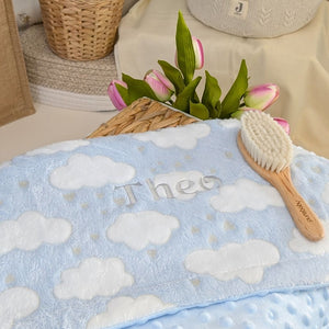Personalised blue baby blanket with a cloud details. Bumbles and Boo.