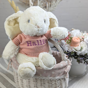 Dewey bunny rabbit soft toy in white with dusky pink personalised jumper with baby's name.