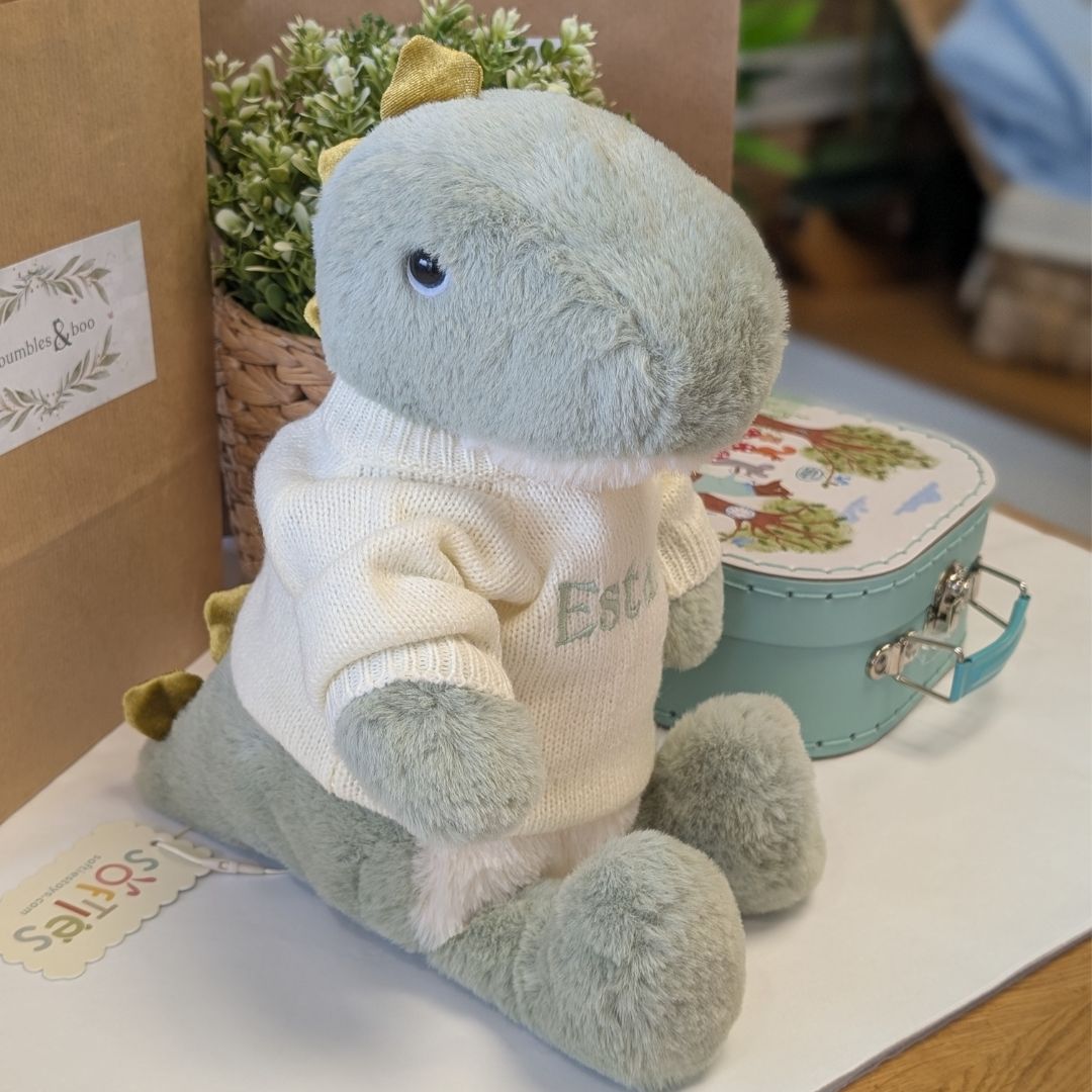 A personalised green t-rex dinosaur with a jumper