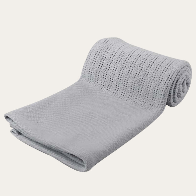 Breathable grey cotton baby blanket with open cellular knit
