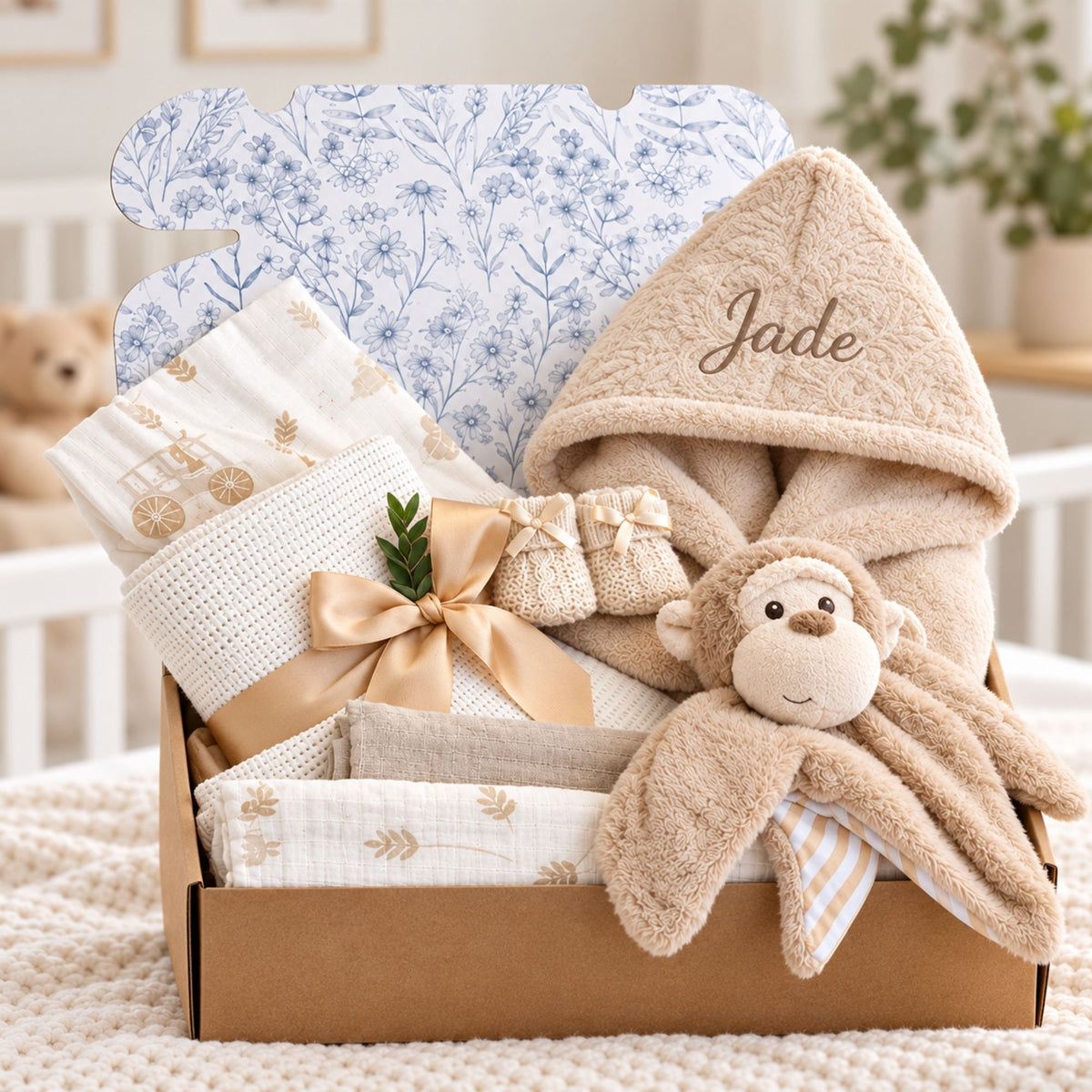 Personalised new baby gift box with beige baby bath robe and monkey dressing gown.