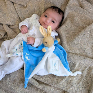 Personalised baby gift, blue Peter Rabbit baby comforter with custom name ‘Arif’ embroidered on the blanket