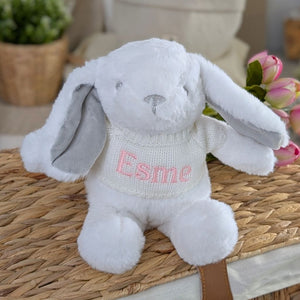 White bunny soft toy with a white jumper which can be personalised.