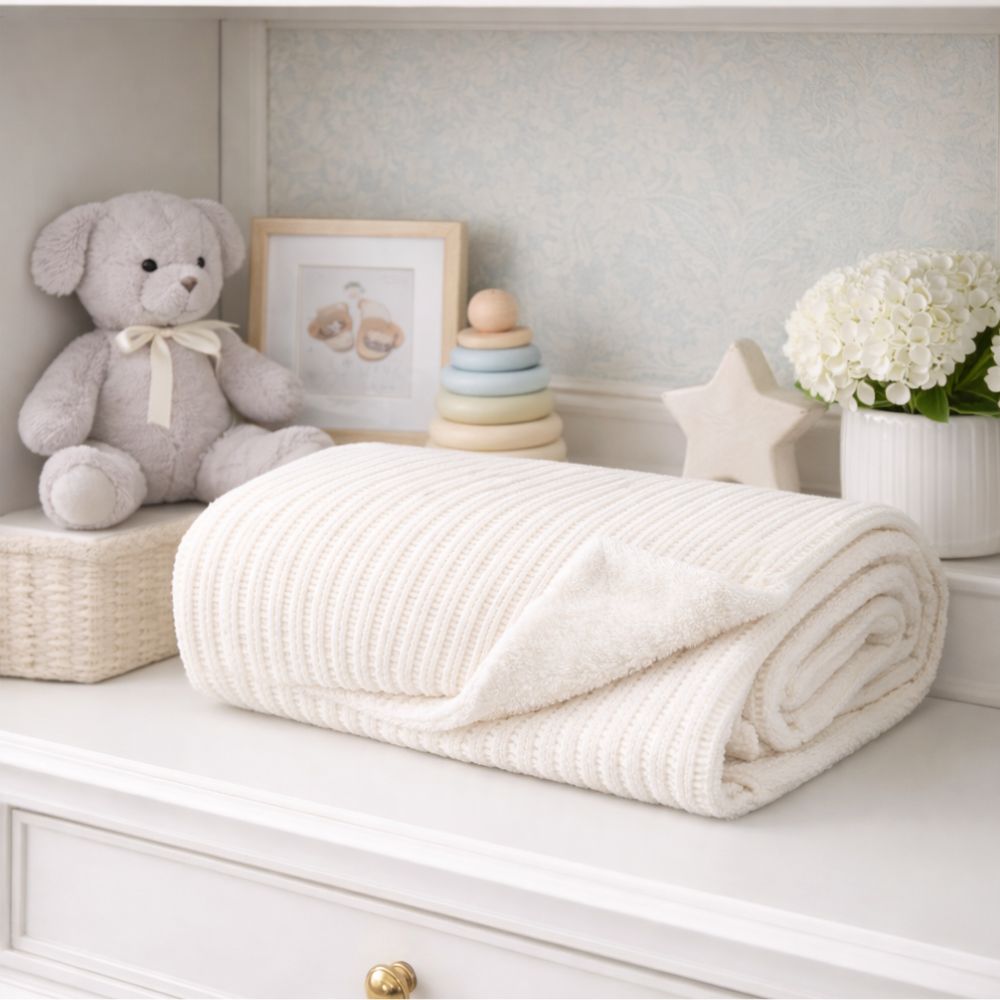 A baby blanket which is chenille and cellular in white/ cream