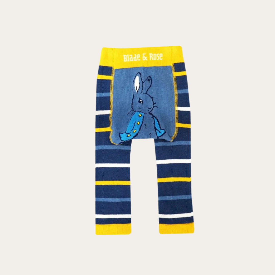 Peter Rabbit baby boy leggings in blue and yellow 'Modern Mix' design.