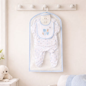 Peter rabbit new baby clothing set in white and blue with a bunny motif on the bib and bunny rabbits on the clothing.