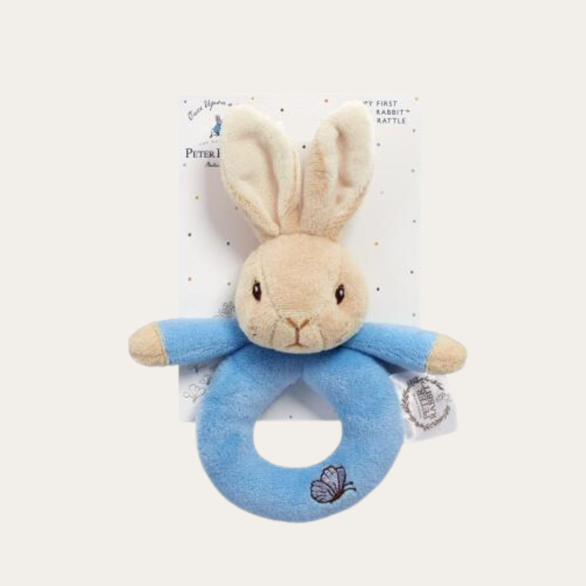 Baby boy rattle, blue Peter Rabbit soft plush ring rattle