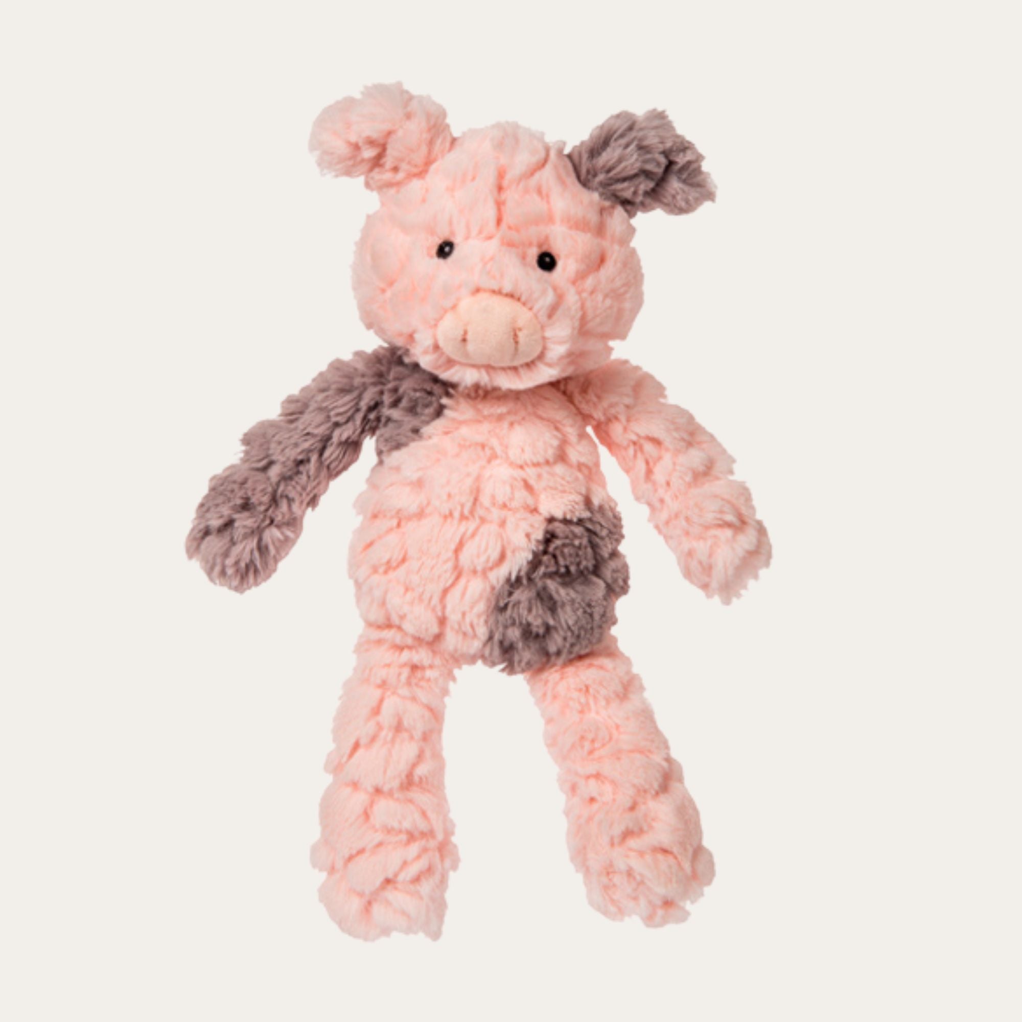 Soft plush cuddly pink and brown piglet toy. Suitable from birth.