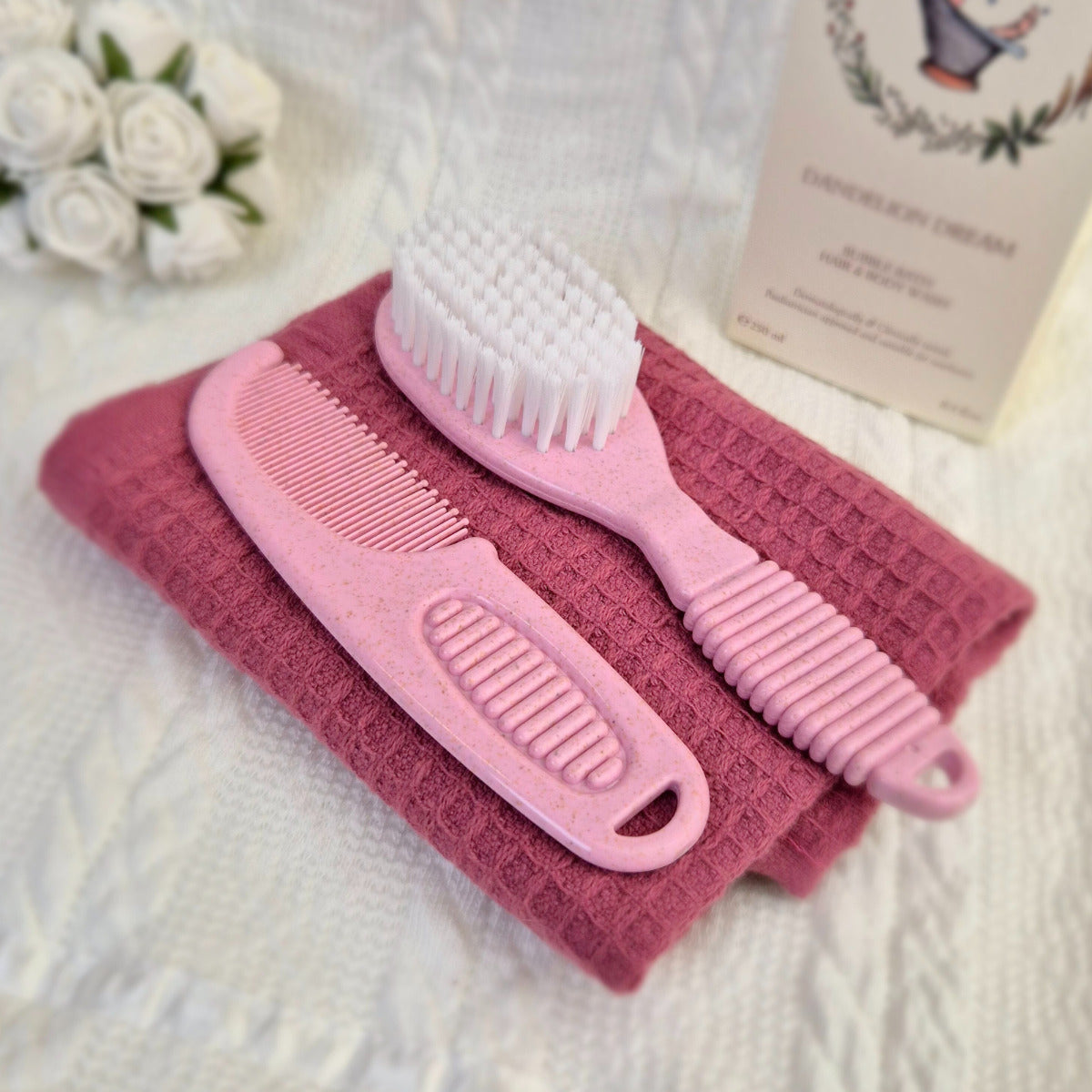 Baby Brush & Comb Set Natural Materials, Pink Baby Brush Set.