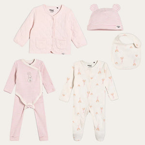Pink baby girl clothes set with jacket, sleepsuit and more