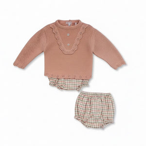 Pink knitted baby girls top with coordinating checked bloomers