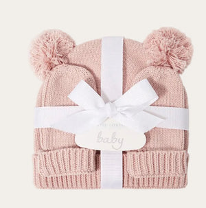 Katie Loxton Pink knitted baby hat and mittens set with pom pom bear detail