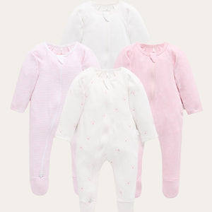 4 pack zip baby suits in pale pink and white