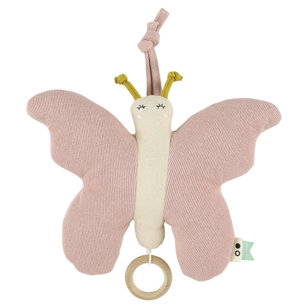 Pink butterfly soft toy with wooden ring