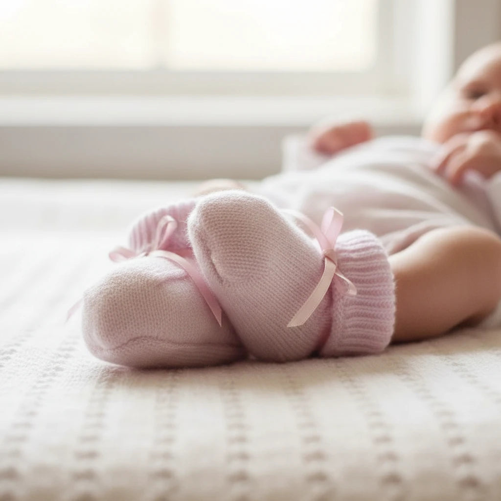 Pink cashmere baby booties for newborn babies.