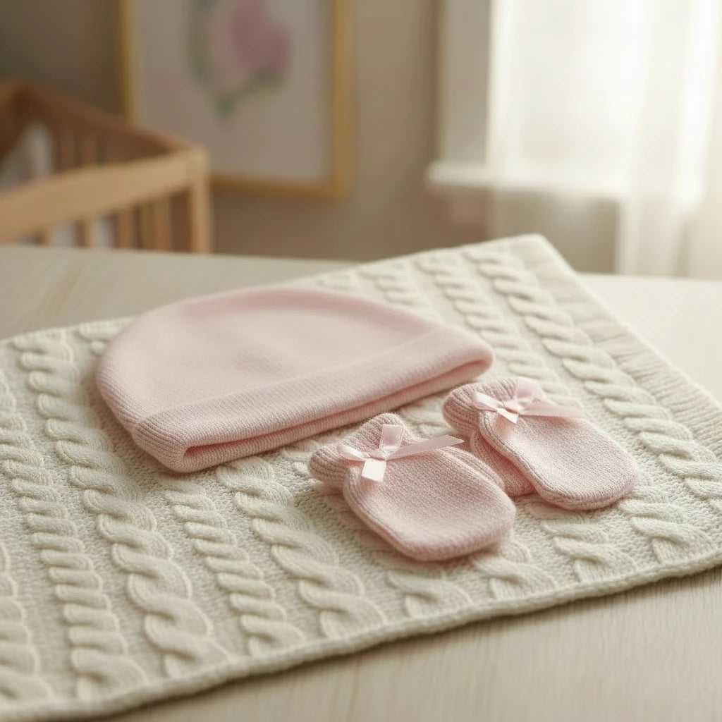 Pink cashmere baby hat with matching newborn mittens.
