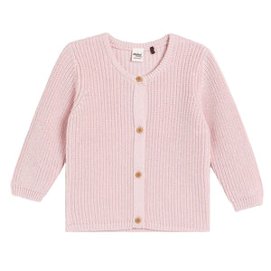 Pink knitted cardigan with buttons on a white background