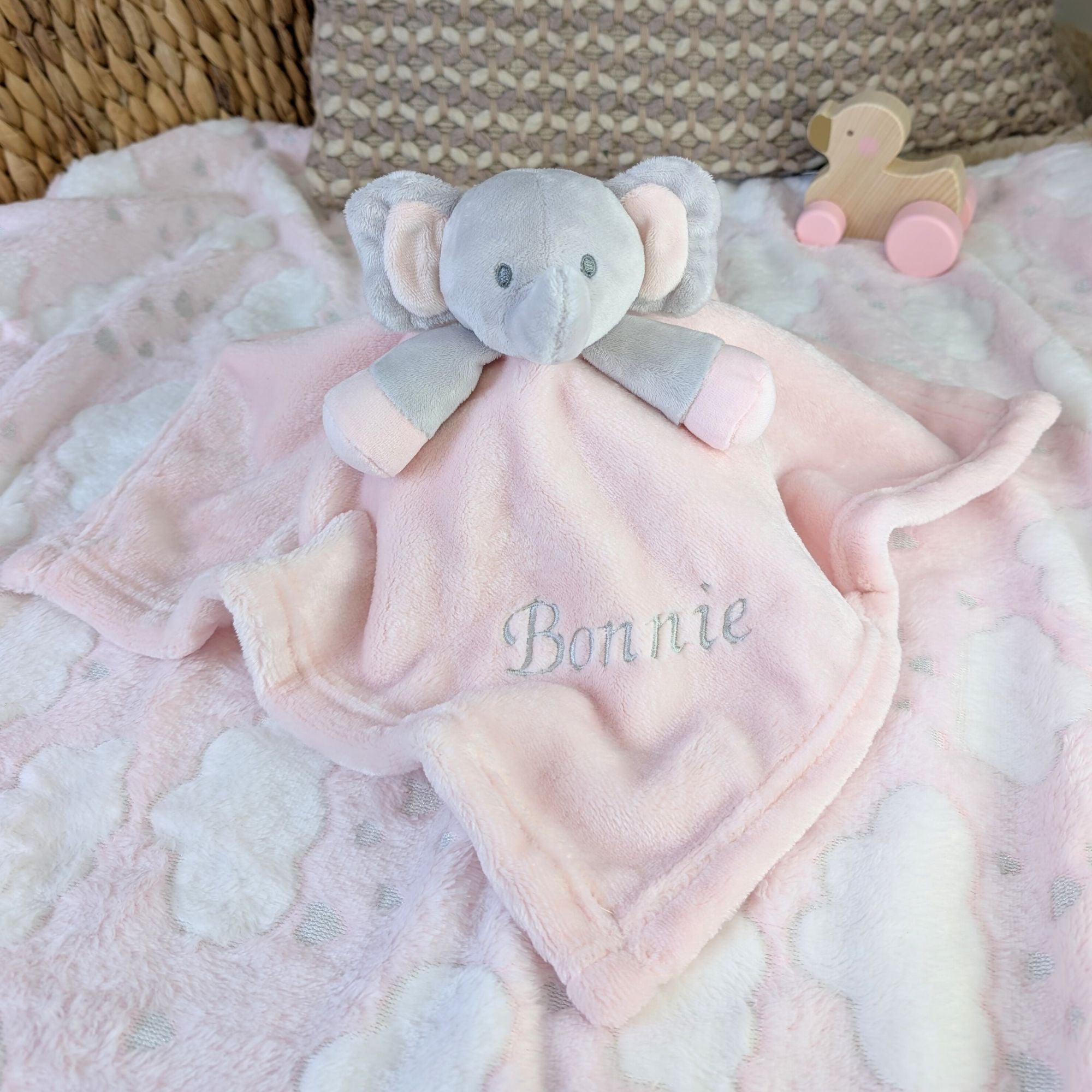 Personalised pink elephant baby comforter.
