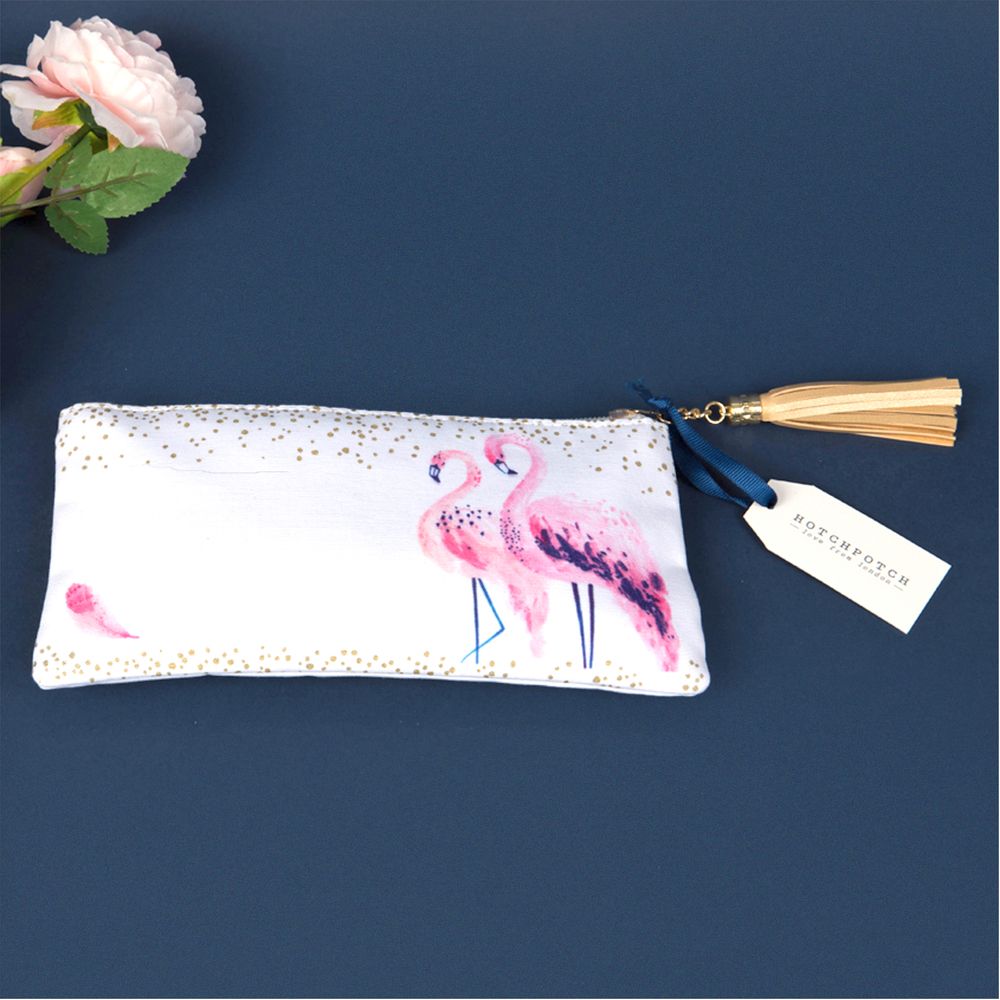 Pink flamingo cosmetic clutch purse with gold tassel and Swan Lake design