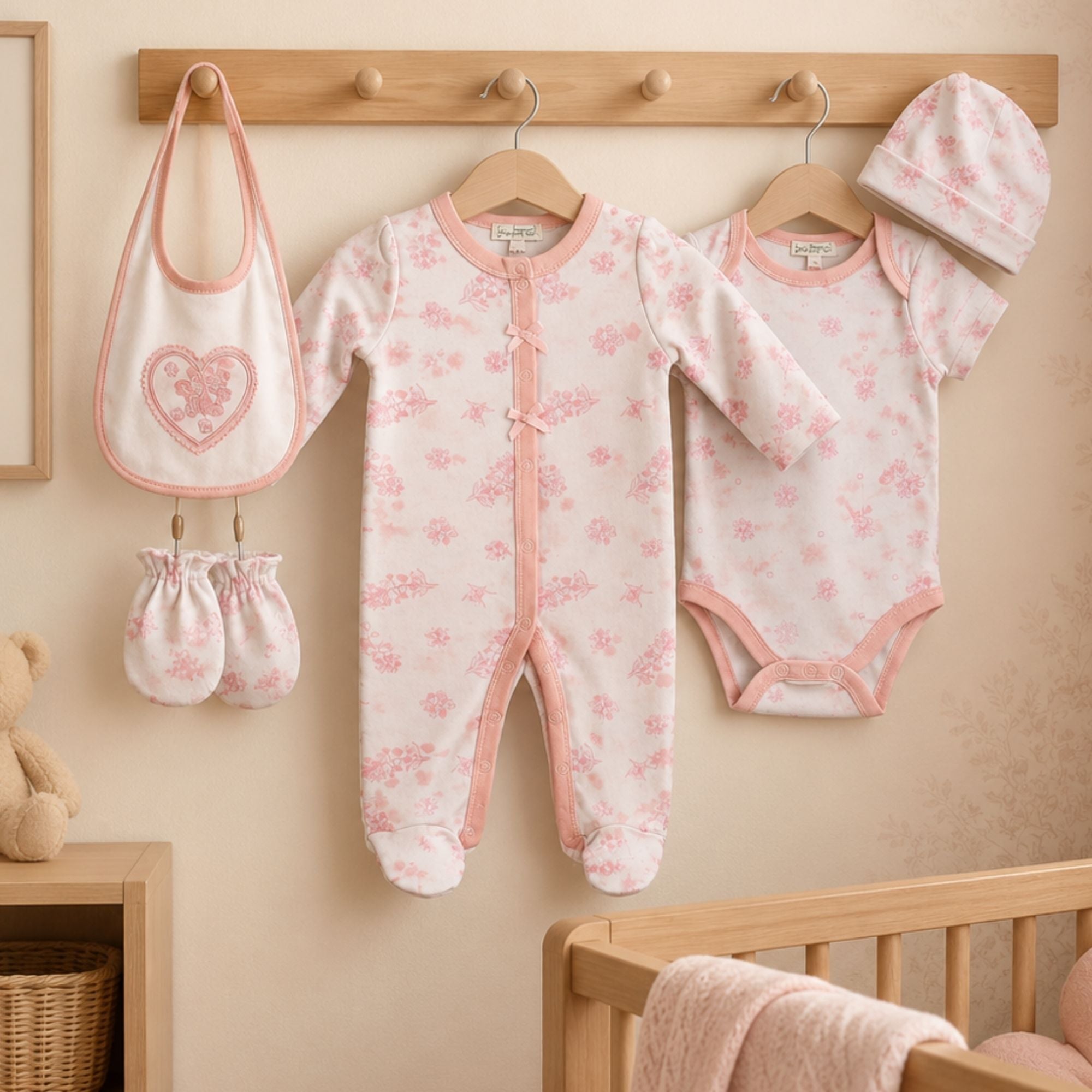 baby girl pink floral cotton clothing set with bib and mittens