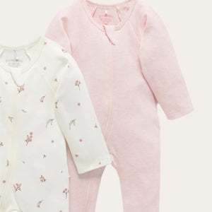 Pink floral organic cotton baby growsuits with zips and feet