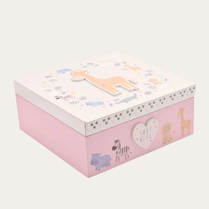 Closed Pink Giraffe Keepsake Box showing inner storage for baby memories
