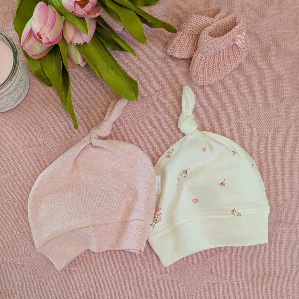 Cream with pink flower design and pink organic knot hat