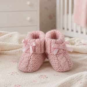 Pair of pink knitted baby booties with ribbons.