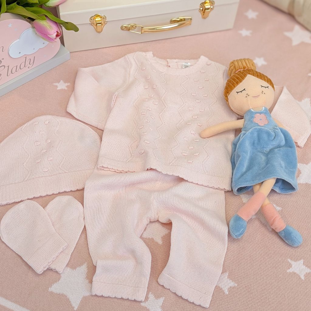 Baby Pink Bobble Knit Clothing Gift Set – 4 Piece