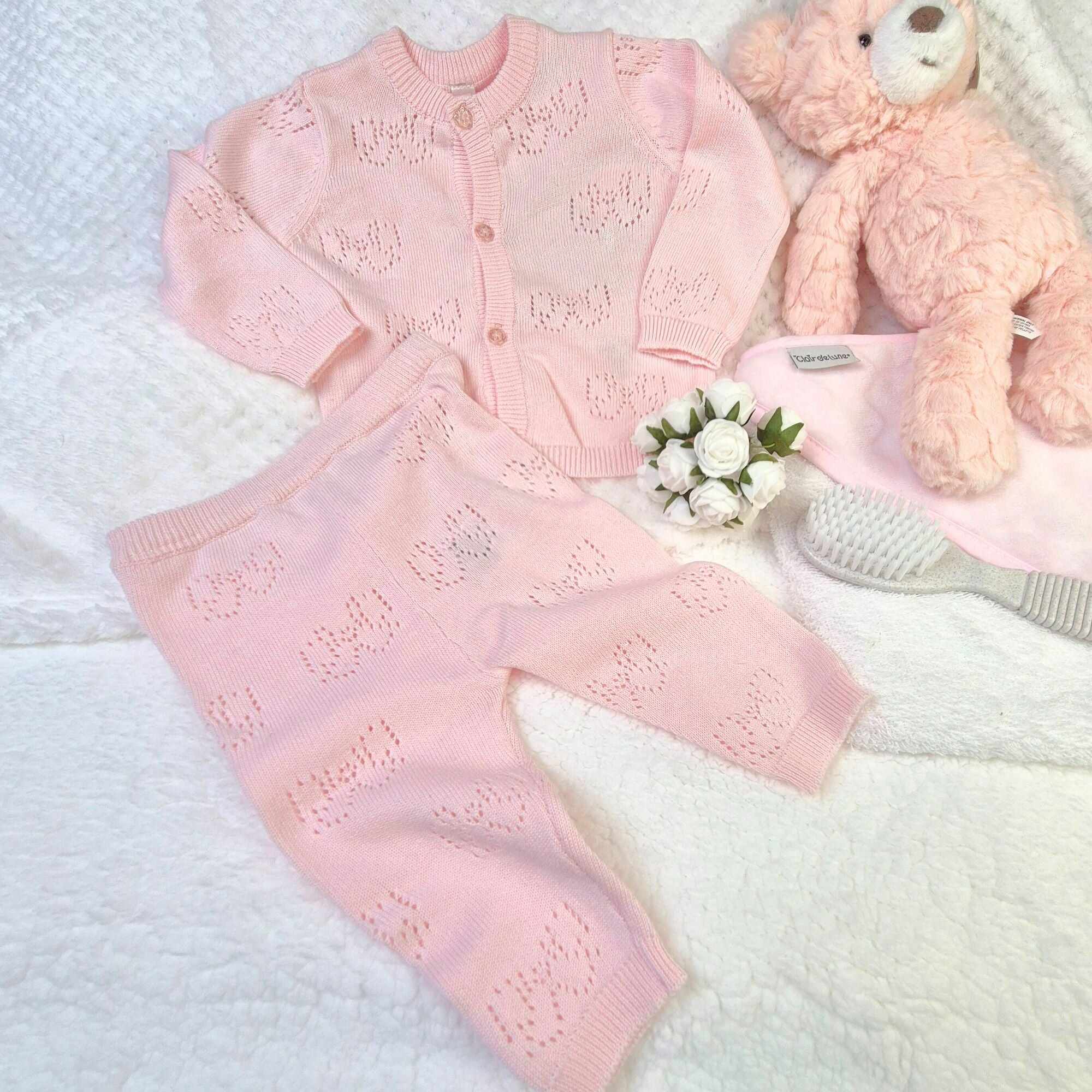 Pink Knitted Baby Cardigan & Trouser Set - 2-Piece Outfit with Stitched Bow Detail Baby Girl Clothes.