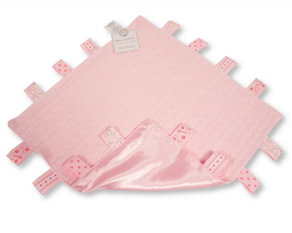 Pink knitted soother comforter taggie with a satin back