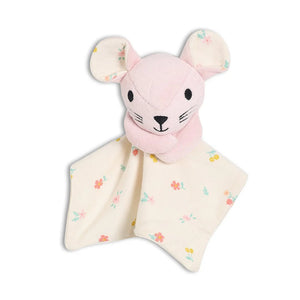 Pink mouse-shaped comfort blanket with floral patterns on a white background